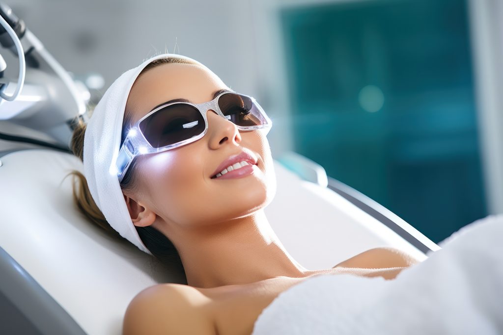 Femme allongée munies de lunettes de protection pour se faire épiler au laser chez Skineo à Alençon.