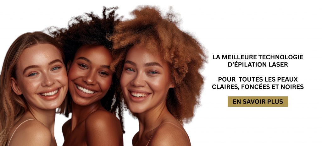 Trois femmes souriantes avec différentes couleurs de peau sourient. La meilleure technologie d'épilation laser pour toutes les peaux claires, foncées et noires.